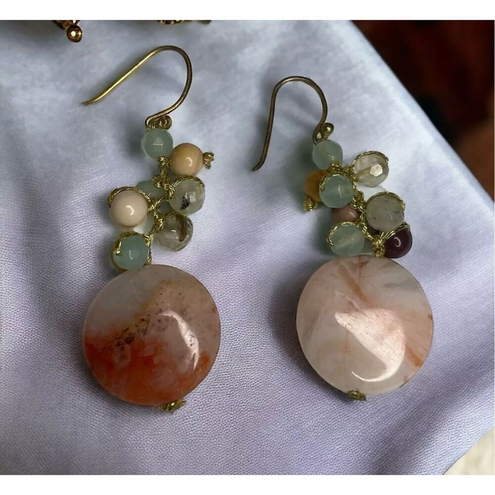 Pannee Orange Moonstone‎ & Sterling Silver Dangle Earrings Multigemstone Cluster